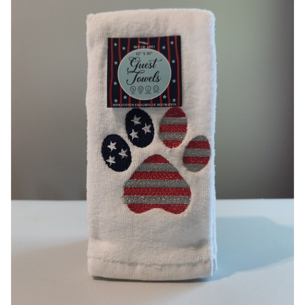 Patriotic Guest Towels Set Of 2 Stars and Stripes Embroidered Dog Print 100% Cot
